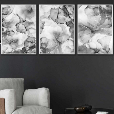 Artze Wall Art Set Of 3 Abstract Floral Fluid In Grey Wall Art Prints / 50X70Cm / Silver Frame from B&Q