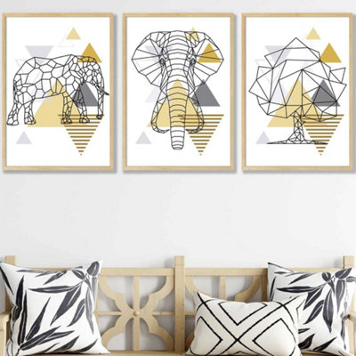 Artze Wall Art Set Of 3 Geometric Line Art Yellow Elephant Tree Set Wall Art Prints / 42X59Cm (A2) / Oak Frame from B&Q