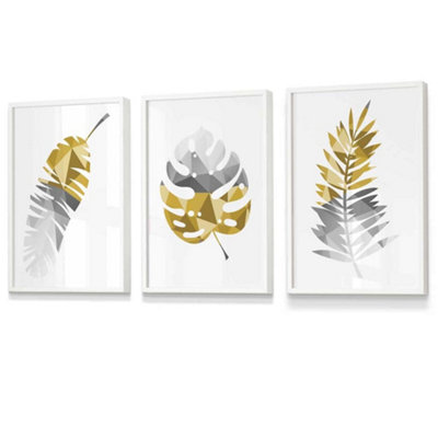 Artze Wall Art Set Of 3 Geometric Tropical Leaves In Yellow Grey Wall Art Prints / 30X42Cm (A3) / White Frame from B&Q