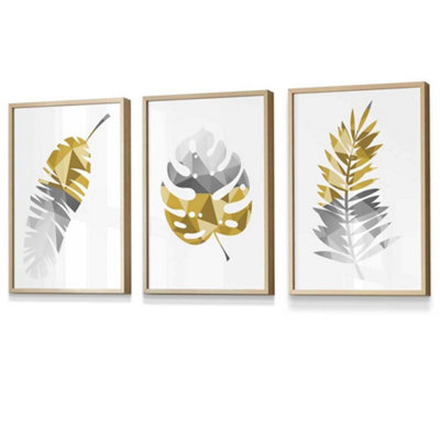 Artze Wall Art Set Of 3 Geometric Tropical Leaves In Yellow Grey Wall Art Prints / 30X42Cm (A3) / Oak Frame from B&Q