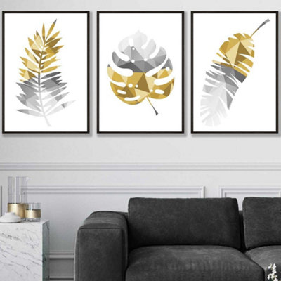 Artze Wall Art Set Of 3 Geometric Tropical Leaves In Yellow Grey Wall Art Prints / 50X70Cm / Black Frame from B&Q