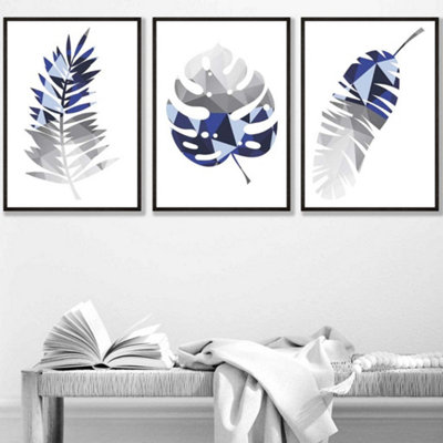 Artze Wall Art Set Of 3 Geometric Tropical Leaves In Navy Blue Grey Wall Art Prints / 42X59Cm (A2) / Black Frame from B&Q