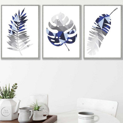 Artze Wall Art Set Of 3 Geometric Tropical Leaves In Navy Blue Grey Wall Art Prints / 42X59Cm (A2) / Light Grey Frame from B&Q