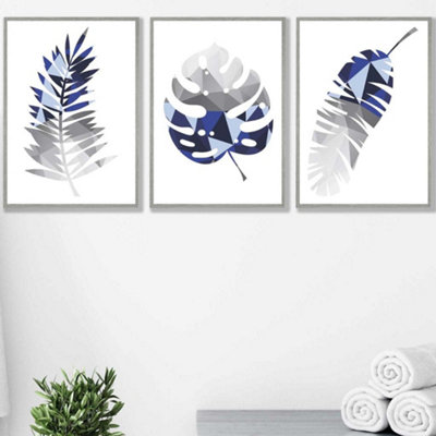 Artze Wall Art Set Of 3 Geometric Tropical Leaves In Navy Blue Grey Wall Art Prints / 50X70Cm / Light Grey Frame from B&Q