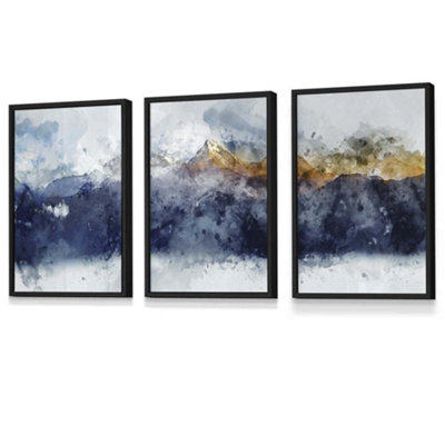 Artze Wall Art Set Of 3 Abstract Navy Blue And Yellow Mountains Wall Art Prints / 30X42Cm (A3) / Black Frame from B&Q