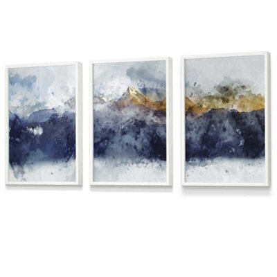 Artze Wall Art Set Of 3 Abstract Navy Blue And Yellow Mountains Wall Art Prints / 30X42Cm (A3) / White Frame from B&Q