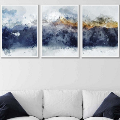 Artze Wall Art Set Of 3 Abstract Navy Blue And Yellow Mountains Wall Art Prints / 50X70Cm / White Frame from B&Q