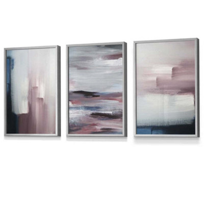 Artze Wall Art Set Of 3 Abstract Navy Blue Grey Blush Pink Oil Wall Art Prints / 30X42Cm (A3) / Light Grey Frame from B&Q