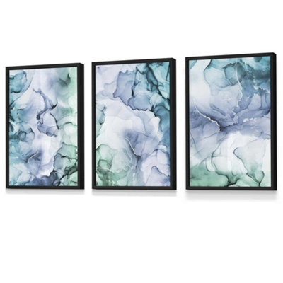 Artze Wall Art Set Of 3 Abstract Floral Fluid In Blue Green And Purple Wall Art Prints / 30X42Cm (A3) / Black Frame from B&Q