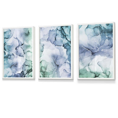 Artze Wall Art Set Of 3 Abstract Floral Fluid In Blue Green And Purple Wall Art Prints / 30X42Cm (A3) / White Frame from B&Q