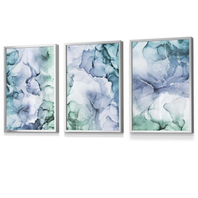 Artze Wall Art Set Of 3 Abstract Floral Fluid In Blue Green And Purple Wall Art Prints / 30X42Cm (A3) / Silver Frame from B&Q