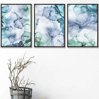 Artze Wall Art Set Of 3 Abstract Floral Fluid In Blue Green And Purple Wall Art Prints / 42X59Cm (A2) / Black Frame from B&Q
