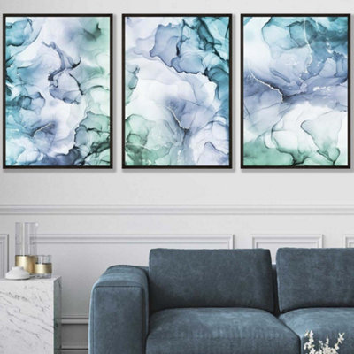 Artze Wall Art Set Of 3 Abstract Floral Fluid In Blue Green And Purple Wall Art Prints / 50X70Cm / Black Frame from B&Q