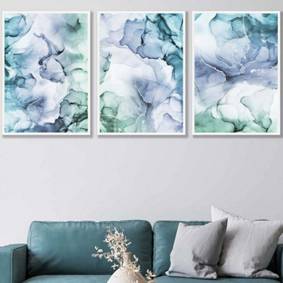 Artze Wall Art Set Of 3 Abstract Floral Fluid In Blue Green And Purple Wall Art Prints / 50X70Cm / White Frame from B&Q
