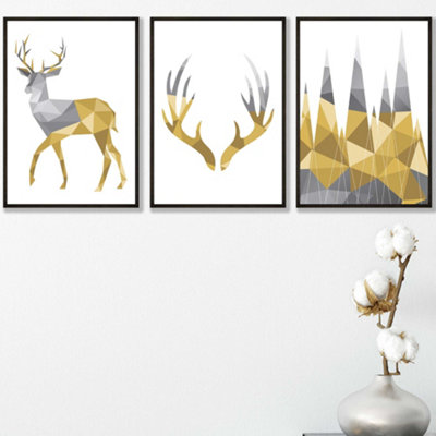 Artze Wall Art Set Of 3 Geometric Yellow Grey Stags Set Wall Art Prints / 30X42Cm (A3) / Black Frame from B&Q