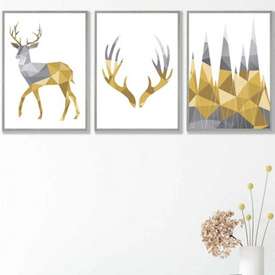 Artze Wall Art Set Of 3 Geometric Yellow Grey Stags Set Wall Art Prints / 42X59Cm (A2) / Light Grey Frame from B&Q