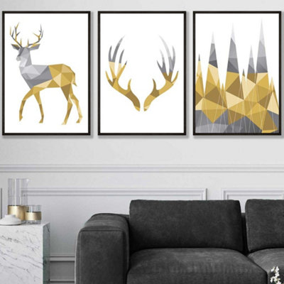 Artze Wall Art Set Of 3 Geometric Yellow Grey Stags Set Wall Art Prints / 50X70Cm / Black Frame from B&Q
