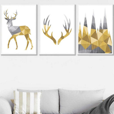 Artze Wall Art Set Of 3 Geometric Yellow Grey Stags Set Wall Art Prints / 50X70Cm / White Frame from B&Q