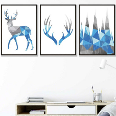 Artze Wall Art Set Of 3 Geometric Bright Blue Grey Stags Set Wall Art Prints / 30X42Cm (A3) / Black Frame from B&Q