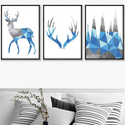 Artze Wall Art Set Of 3 Geometric Bright Blue Grey Stags Set Wall Art Prints / 50X70Cm / Black Frame from B&Q
