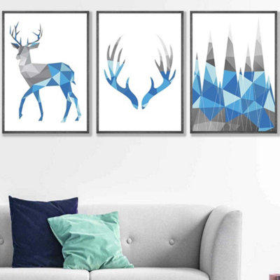 Artze Wall Art Set Of 3 Geometric Bright Blue Grey Stags Set Wall Art Prints / 50X70Cm / Dark Grey Frame from B&Q