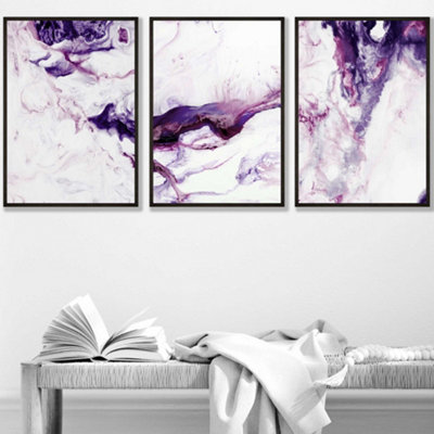 Artze Wall Art Set Of 3 Purple Pink Abstract Ocean Waves Wall Art Prints / 30X42Cm (A3) / Black Frame from B&Q