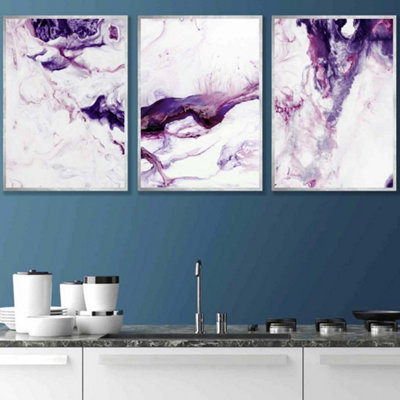 Artze Wall Art Set Of 3 Purple Pink Abstract Ocean Waves Wall Art Prints / 42X59Cm (A2) / Silver Frame from B&Q
