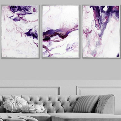 Artze Wall Art Set Of 3 Purple Pink Abstract Ocean Waves Wall Art Prints / 50X70Cm / Silver Frame from B&Q