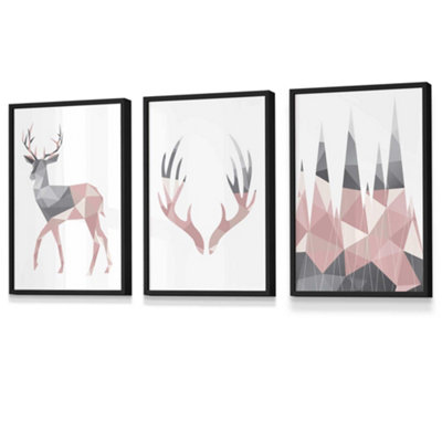 Artze Wall Art Set Of 3 Geometric Blush Pink Grey Stags Set Wall Art Prints / 30X42Cm (A3) / Black Frame from B&Q