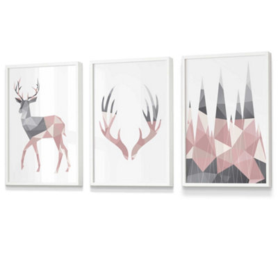 Artze Wall Art Set Of 3 Geometric Blush Pink Grey Stags Set Wall Art Prints / 30X42Cm (A3) / White Frame from B&Q