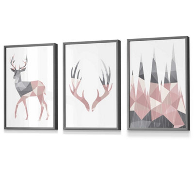 Artze Wall Art Set Of 3 Geometric Blush Pink Grey Stags Set Wall Art Prints / 30X42Cm (A3) / Dark Grey Frame from B&Q