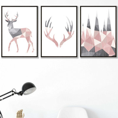 Artze Wall Art Set Of 3 Geometric Blush Pink Grey Stags Set Wall Art Prints / 42X59Cm (A2) / Black Frame from B&Q