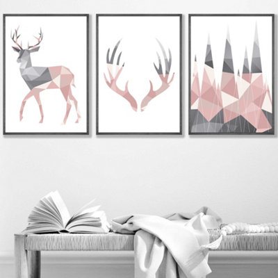 Artze Wall Art Set Of 3 Geometric Blush Pink Grey Stags Set Wall Art Prints / 42X59Cm (A2) / Dark Grey Frame from B&Q