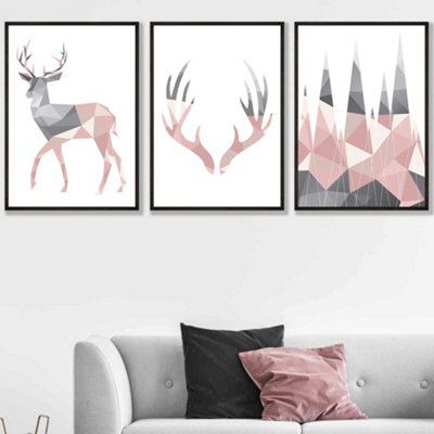 Artze Wall Art Set Of 3 Geometric Blush Pink Grey Stags Set Wall Art Prints / 50X70Cm / Black Frame from B&Q