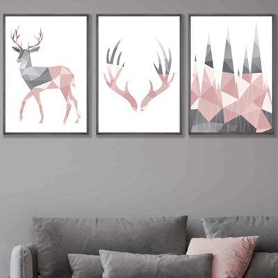 Artze Wall Art Set Of 3 Geometric Blush Pink Grey Stags Set Wall Art Prints / 50X70Cm / Dark Grey Frame from B&Q
