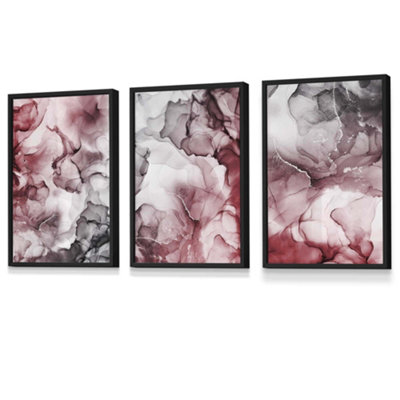 Artze Wall Art Set Of 3 Abstract Floral Fluid In Red And Grey Wall Art Prints / 30X42Cm (A3) / Black Frame from B&Q