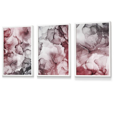Artze Wall Art Set Of 3 Abstract Floral Fluid In Red And Grey Wall Art Prints / 30X42Cm (A3) / White Frame from B&Q