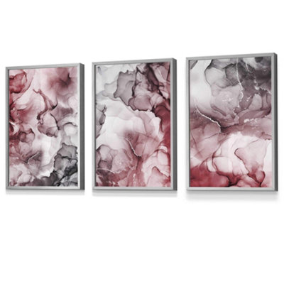 Artze Wall Art Set Of 3 Abstract Floral Fluid In Red And Grey Wall Art Prints / 30X42Cm (A3) / Light Grey Frame from B&Q