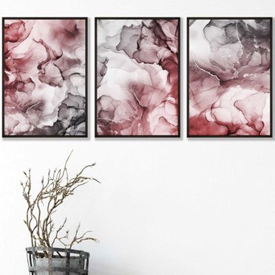 Artze Wall Art Set Of 3 Abstract Floral Fluid In Red And Grey Wall Art Prints / 42X59Cm (A2) / Black Frame from B&Q