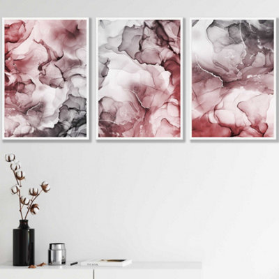 Artze Wall Art Set Of 3 Abstract Floral Fluid In Red And Grey Wall Art Prints / 42X59Cm (A2) / White Frame from B&Q