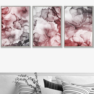 Artze Wall Art Set Of 3 Abstract Floral Fluid In Red And Grey Wall Art Prints / 50X70Cm / Light Grey Frame from B&Q