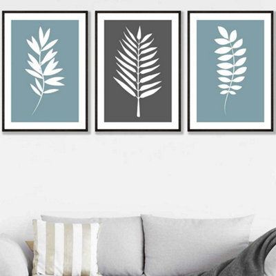 Artze Wall Art Set Of 3 Blue Grey Graphical Leaves Wall Art Prints / 50X70Cm / Black Frame from B&Q