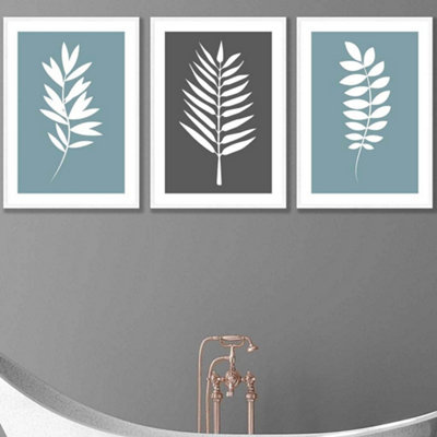 Artze Wall Art Set Of 3 Blue Grey Graphical Leaves Wall Art Prints / 50X70Cm / White Frame from B&Q