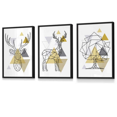 Artze Wall Art Set Of 3 Geometric Line Art Yellow Stags Tree Set Wall Art Prints / 30X42Cm (A3) / Black Frame from B&Q