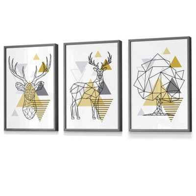 Artze Wall Art Set Of 3 Geometric Line Art Yellow Stags Tree Set Wall Art Prints / 30X42Cm (A3) / Dark Grey Frame from B&Q