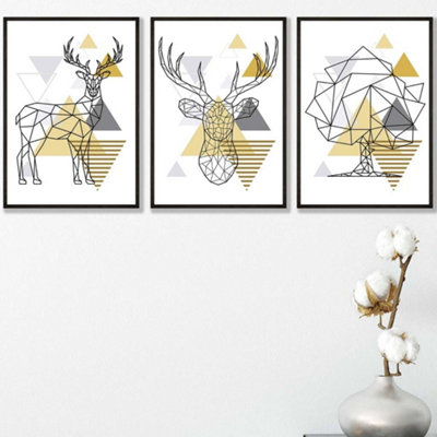 Artze Wall Art Set Of 3 Geometric Line Art Yellow Stags Tree Set Wall Art Prints / 42X59Cm (A2) / Black Frame from B&Q