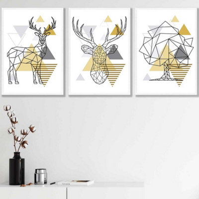 Artze Wall Art Set Of 3 Geometric Line Art Yellow Stags Tree Set Wall Art Prints / 42X59Cm (A2) / White Frame from B&Q