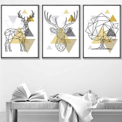 Artze Wall Art Set Of 3 Geometric Line Art Yellow Stags Tree Set Wall Art Prints / 42X59Cm (A2) / Dark Grey Frame from B&Q