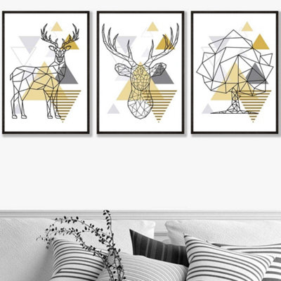 Artze Wall Art Set Of 3 Geometric Line Art Yellow Stags Tree Set Wall Art Prints / 50X70Cm / Black Frame from B&Q