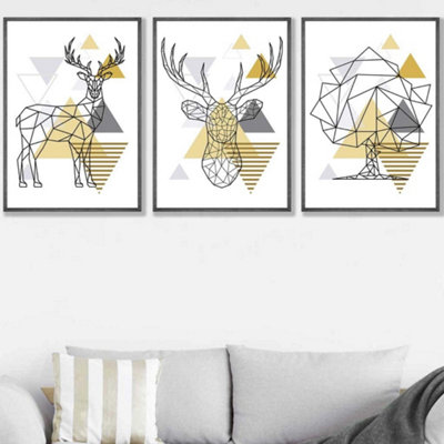 Artze Wall Art Set Of 3 Geometric Line Art Yellow Stags Tree Set Wall Art Prints / 50X70Cm / Dark Grey Frame from B&Q